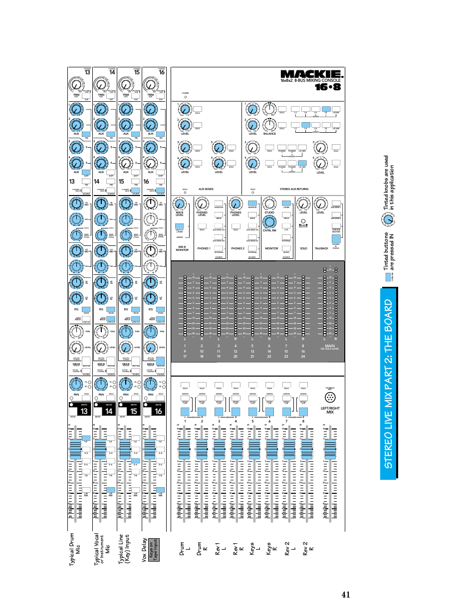 Stereo live mix part 2: the board, Typical drum mic typical v ocal, Mic typical line (key) input vox delay drum l | Or instrument, Keys on tape input | MACKIE 8-submaster mixer User Manual | Page 43 / 74
