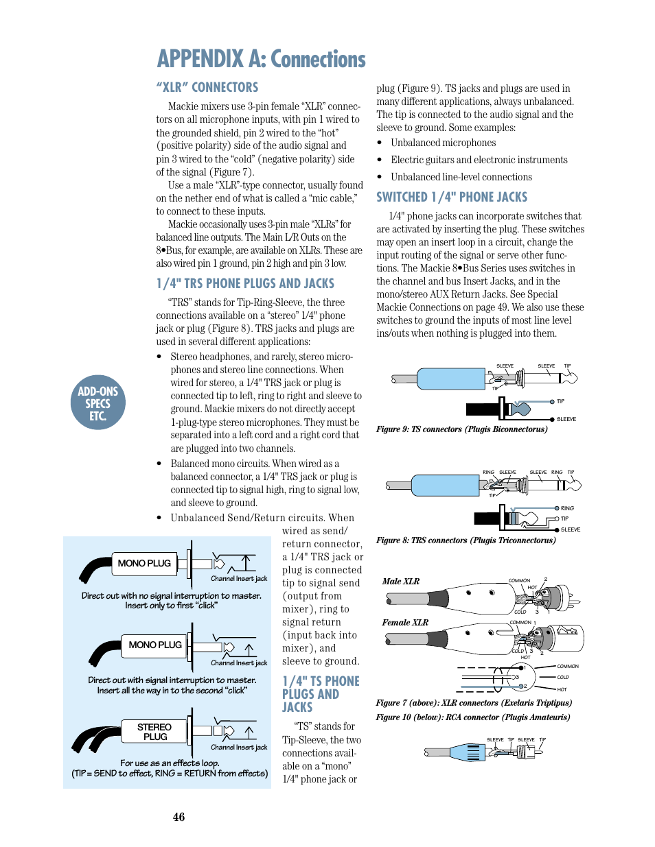 Appendix a: connections, Xlr” connectors, 1/4" trs phone plugs and jacks | 1/4" ts phone plugs and jacks, Switched 1/4" phone jacks, Add-ons specs etc | MACKIE 8-submaster mixer User Manual | Page 48 / 74