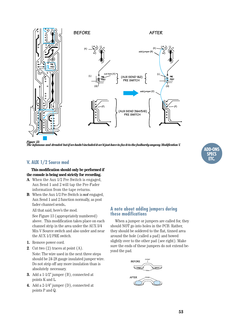 V. aux 1/2 source mod, Before after, Add-ons specs etc | MACKIE 8-submaster mixer User Manual | Page 55 / 74