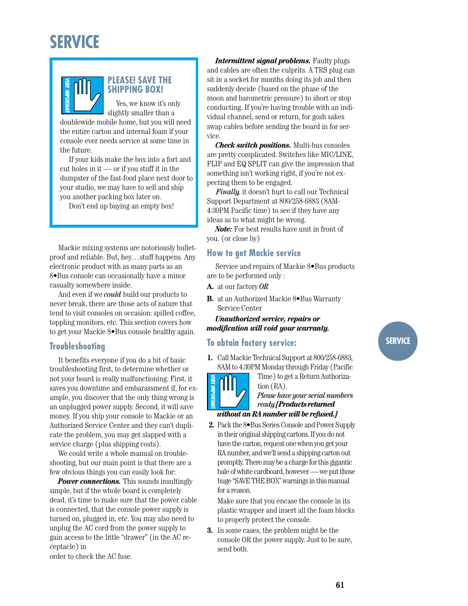 Service | MACKIE 8-submaster mixer User Manual | Page 63 / 74