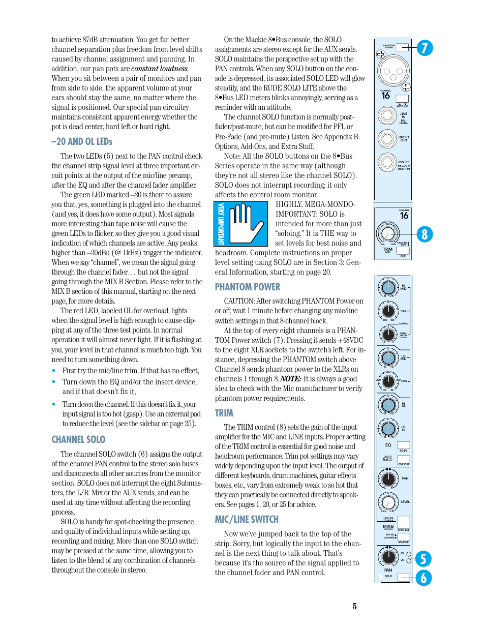20 and ol leds, Channel solo, Phantom power | Trim, Mic/line switch | MACKIE 8-submaster mixer User Manual | Page 7 / 74