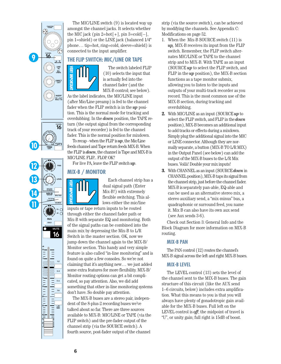 The flip switch: mic/line or tape, Mix-b / monitor, Mix-b pan | Mix-b level | MACKIE 8-submaster mixer User Manual | Page 8 / 74