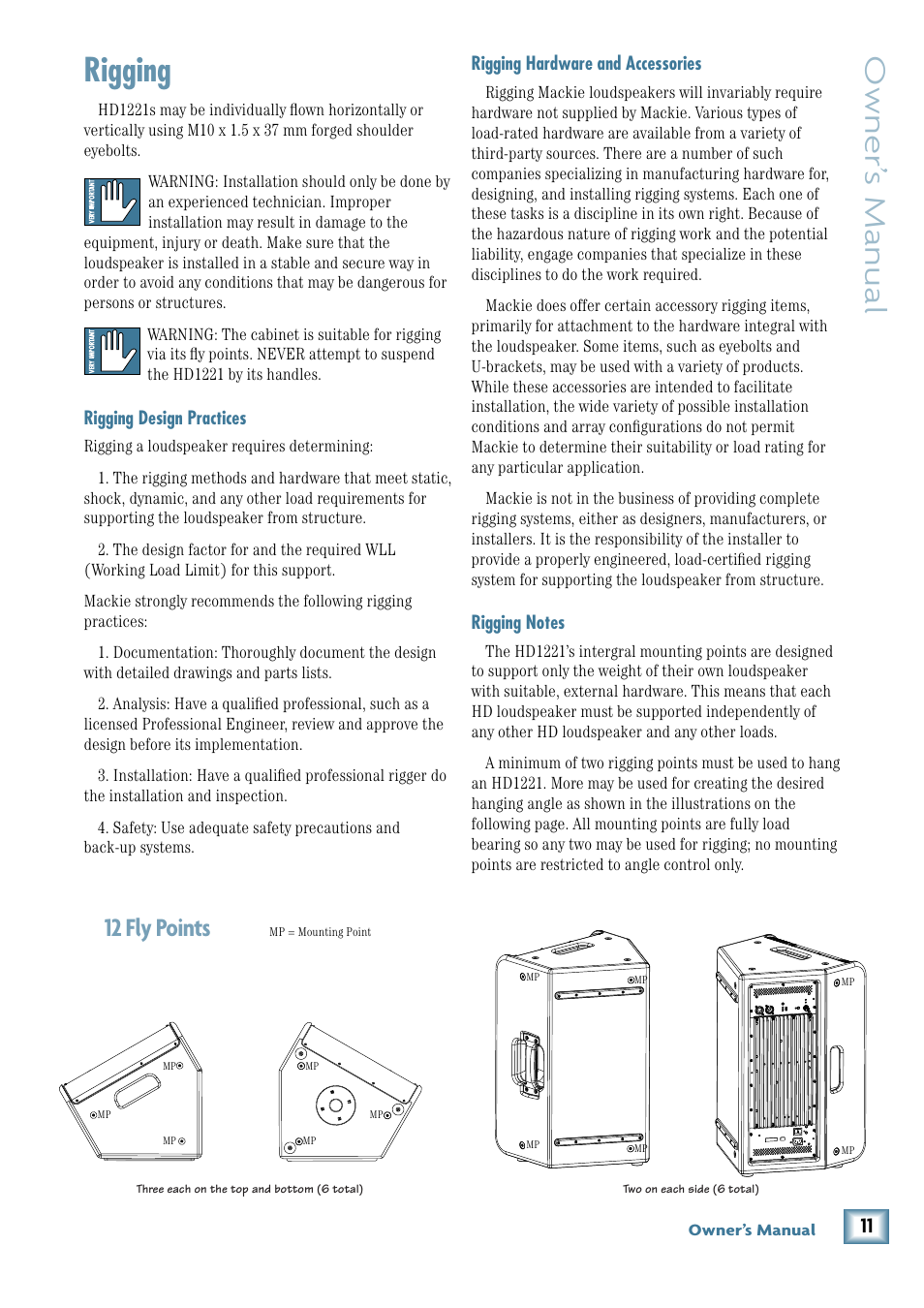 Rigging, Rigging design practices, Rigging hardware and accessories | Rigging notes, Owner’ s manual, 12 fly points | MACKIE 2-Way High-Definition Powered Loudspeaker HD1221 User Manual | Page 11 / 20