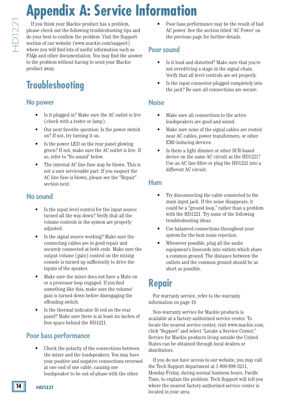 Appendix a: service information, Repair, Troubleshooting | Hd1221, Poor sound, Noise, No power, No sound, Poor bass performance | MACKIE 2-Way High-Definition Powered Loudspeaker HD1221 User Manual | Page 14 / 20