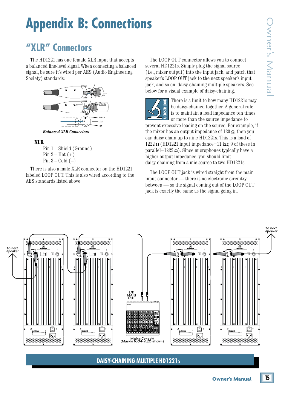 Appendix b: connections, Xlr” connectors, Owner’ s manual | Daisy-chaining multiple hd1221 | MACKIE 2-Way High-Definition Powered Loudspeaker HD1221 User Manual | Page 15 / 20