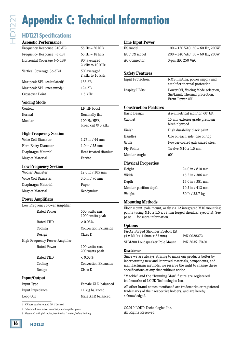 Appendix c: technical information, Hd1221, Hd1221 specifications | MACKIE 2-Way High-Definition Powered Loudspeaker HD1221 User Manual | Page 16 / 20