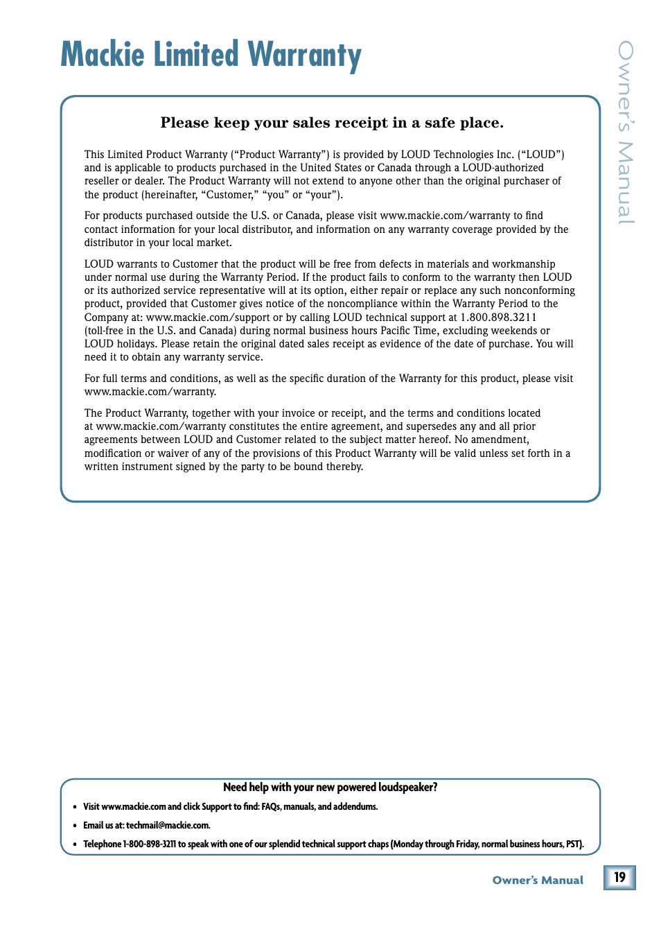 Hd1221 limited warranty, Mackie limited warranty, Owner’ s manual | MACKIE 2-Way High-Definition Powered Loudspeaker HD1221 User Manual | Page 19 / 20