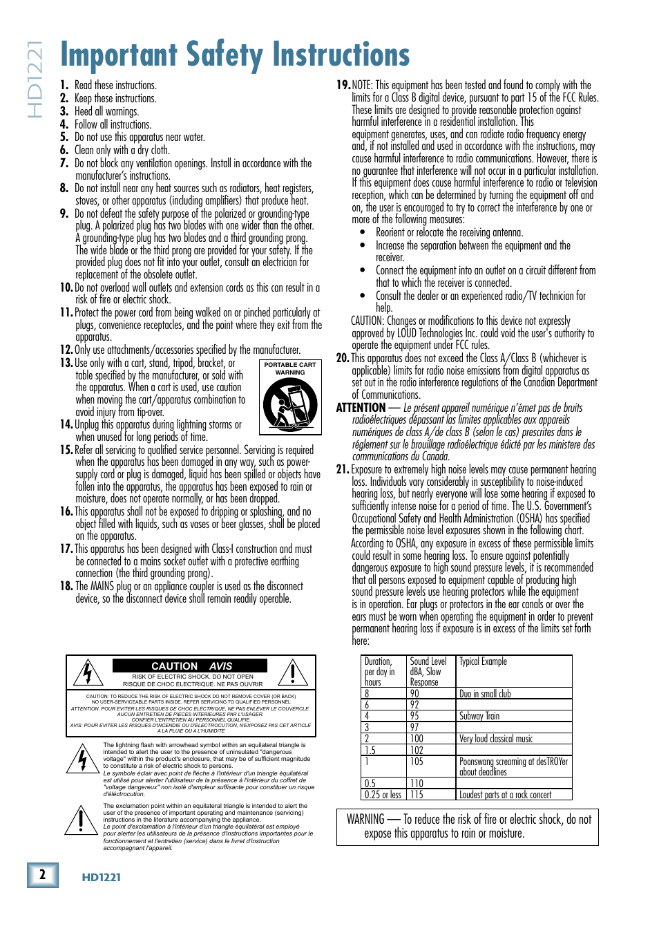 Important safety instructions, Hd1221 | MACKIE 2-Way High-Definition Powered Loudspeaker HD1221 User Manual | Page 2 / 20