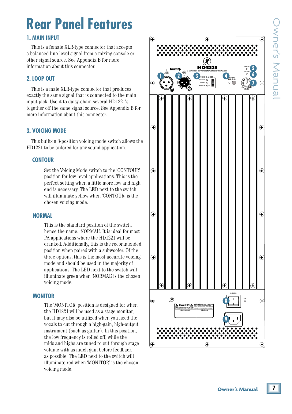 Rear panel features, Main input, Loop out | Voicing mode, Contour, Normal, Monitor, Owner’ s manual | MACKIE 2-Way High-Definition Powered Loudspeaker HD1221 User Manual | Page 7 / 20