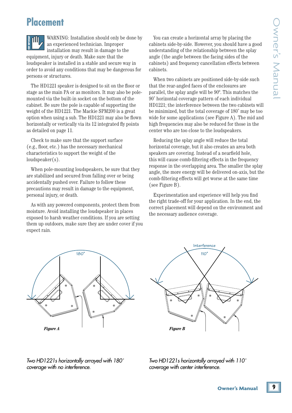 Placement, Owner’ s manual | MACKIE 2-Way High-Definition Powered Loudspeaker HD1221 User Manual | Page 9 / 20