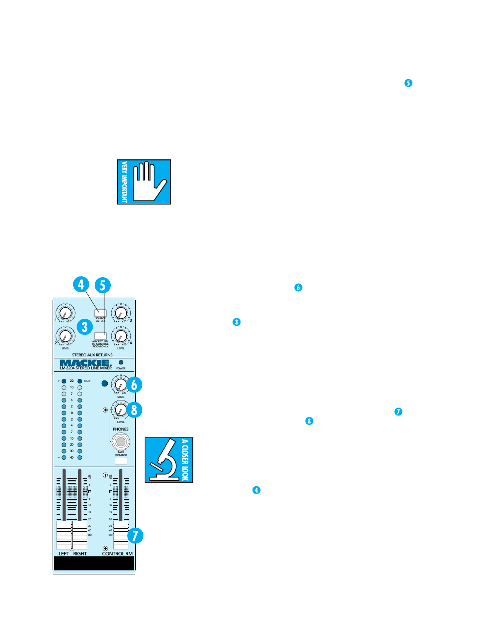 Aux return to control room only, Solo, Monitoring | Stereo aux returns, The source alt 3–4 switch, Bus distortion | MACKIE LM-3204 User Manual | Page 10 / 40