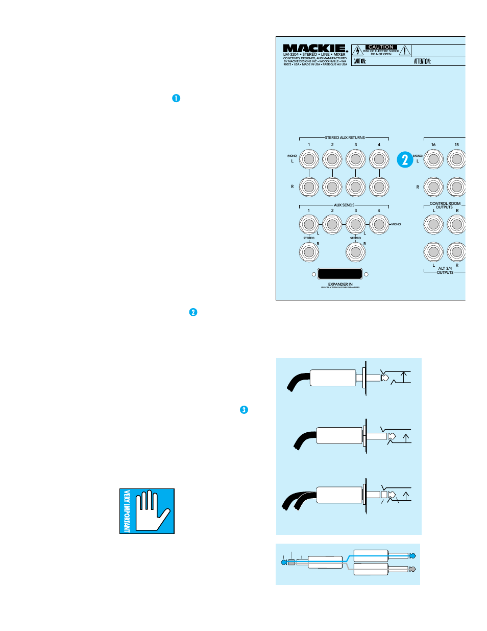 Rear-panel connections, Line inputs, Mono patching | Inserts—channels 1–4 only | MACKIE LM-3204 User Manual | Page 12 / 40