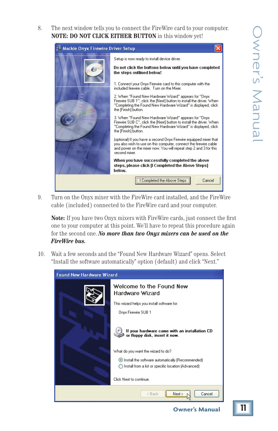 Owner’ s manual | MACKIE Firewire OPtion Card fot Onyx Mixer User Manual | Page 11 / 40
