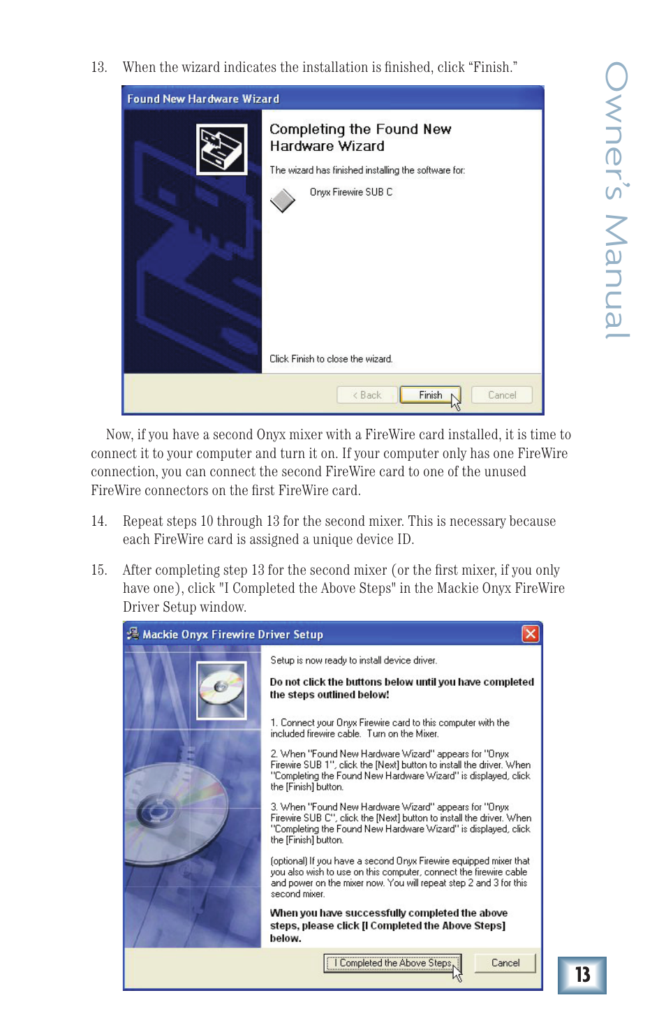Owner’ s manual | MACKIE Firewire OPtion Card fot Onyx Mixer User Manual | Page 13 / 40