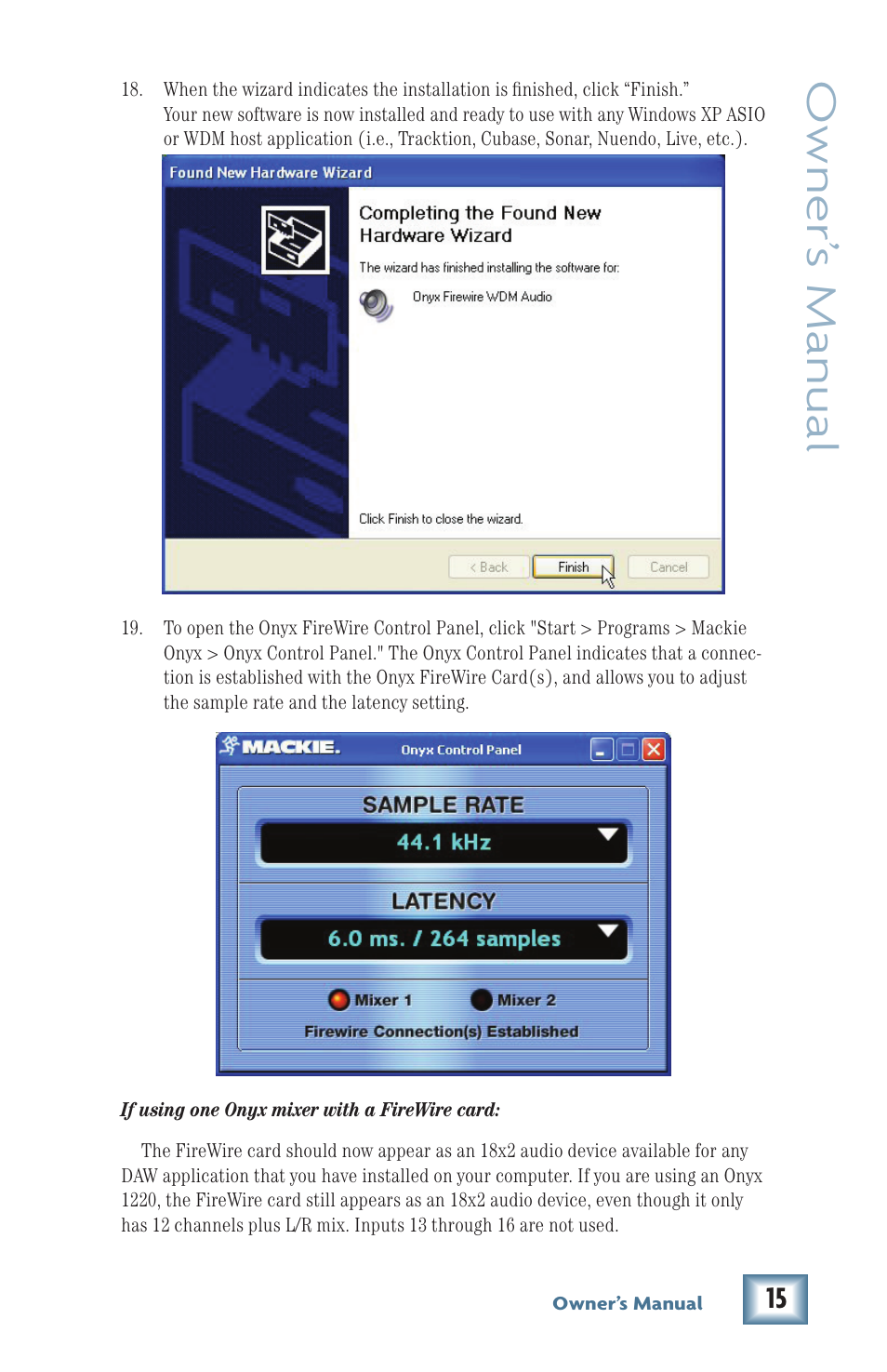 Owner’ s manual | MACKIE Firewire OPtion Card fot Onyx Mixer User Manual | Page 15 / 40