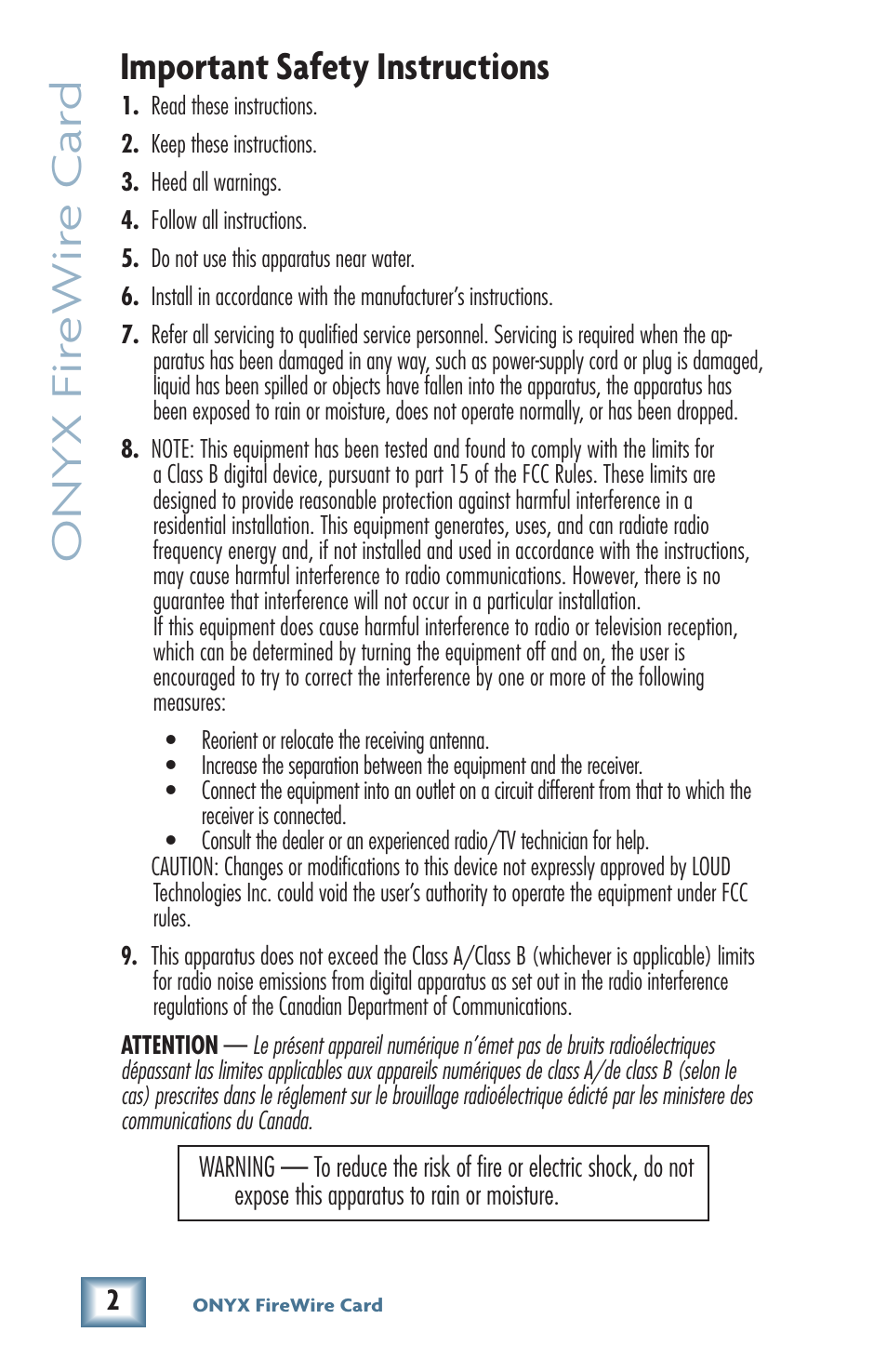 Onyx fir ewir e car d, Important safety instructions | MACKIE Firewire OPtion Card fot Onyx Mixer User Manual | Page 2 / 40