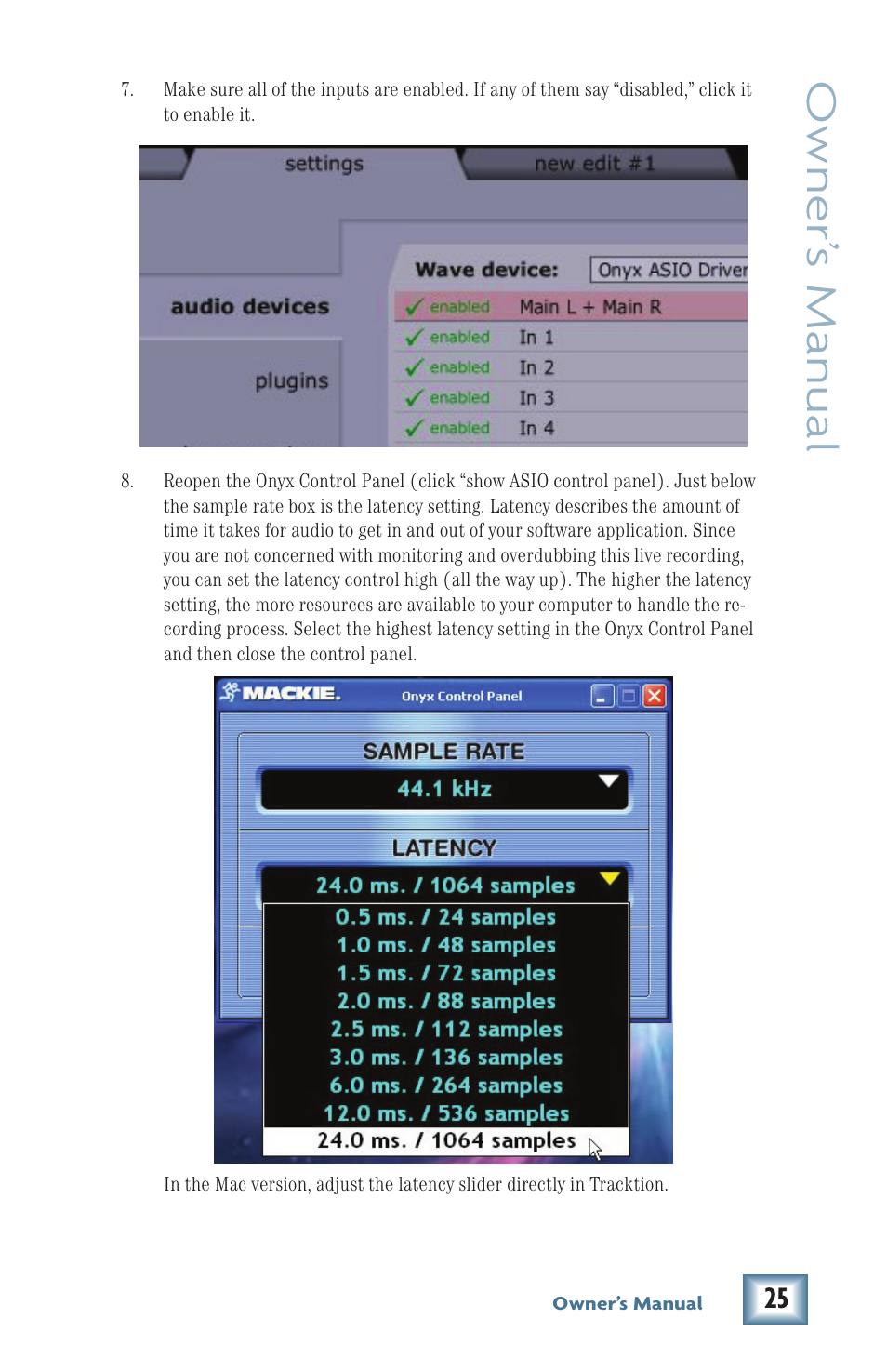 Owner’ s manual | MACKIE Firewire OPtion Card fot Onyx Mixer User Manual | Page 25 / 40
