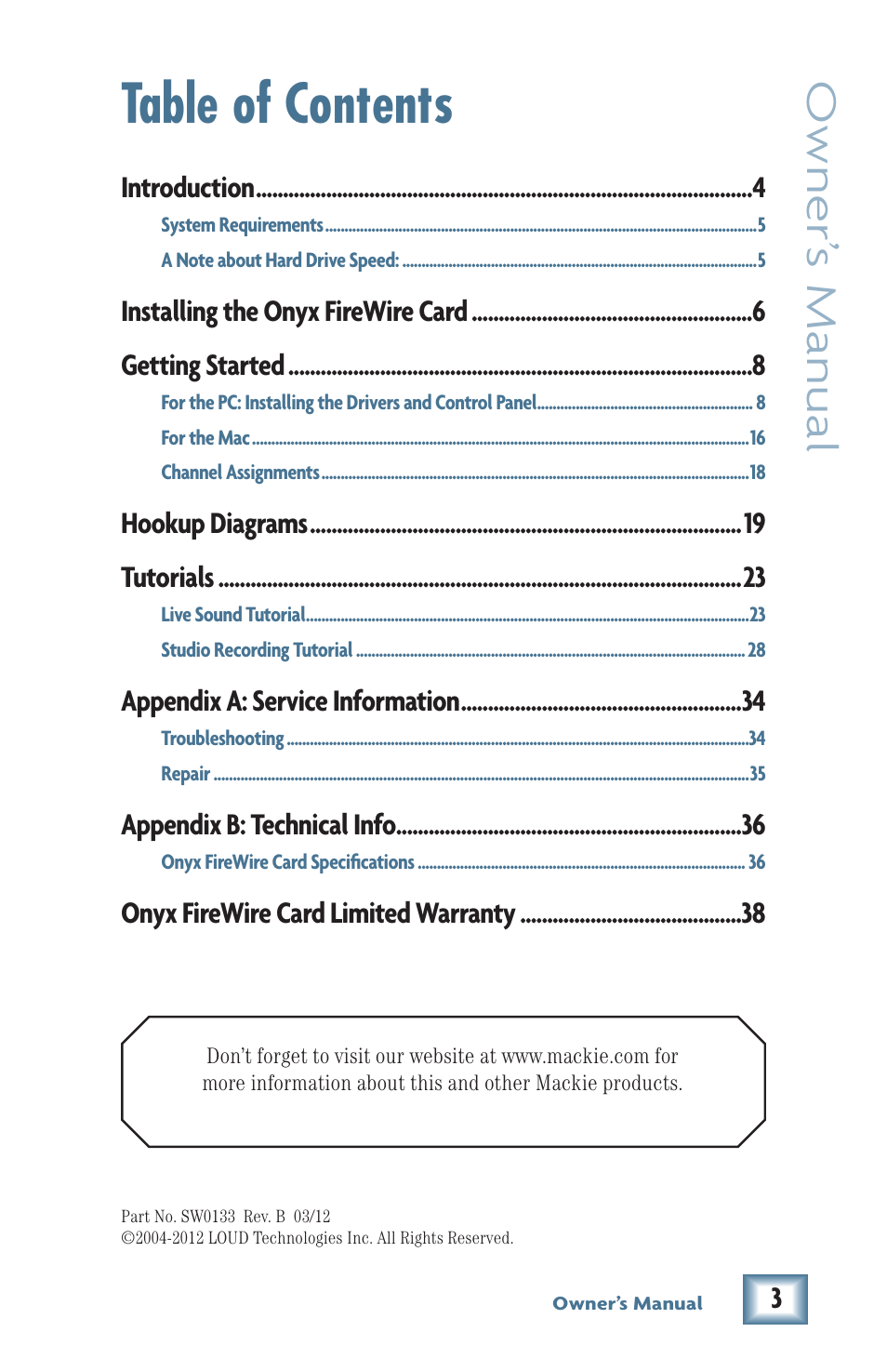 MACKIE Firewire OPtion Card fot Onyx Mixer User Manual | Page 3 / 40