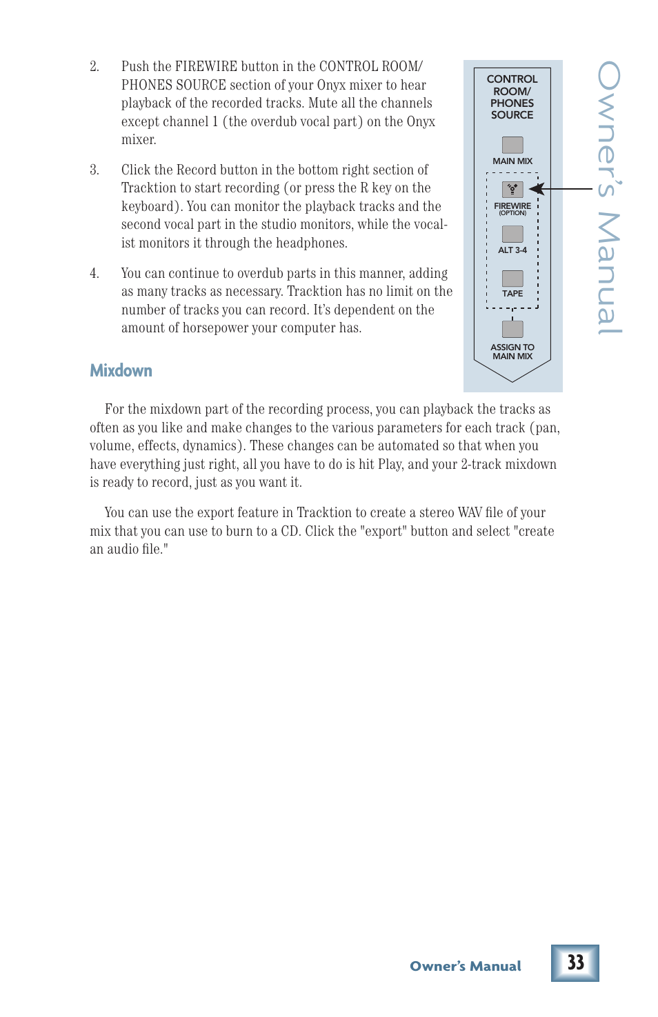 Owner’ s manual, Mixdown | MACKIE Firewire OPtion Card fot Onyx Mixer User Manual | Page 33 / 40