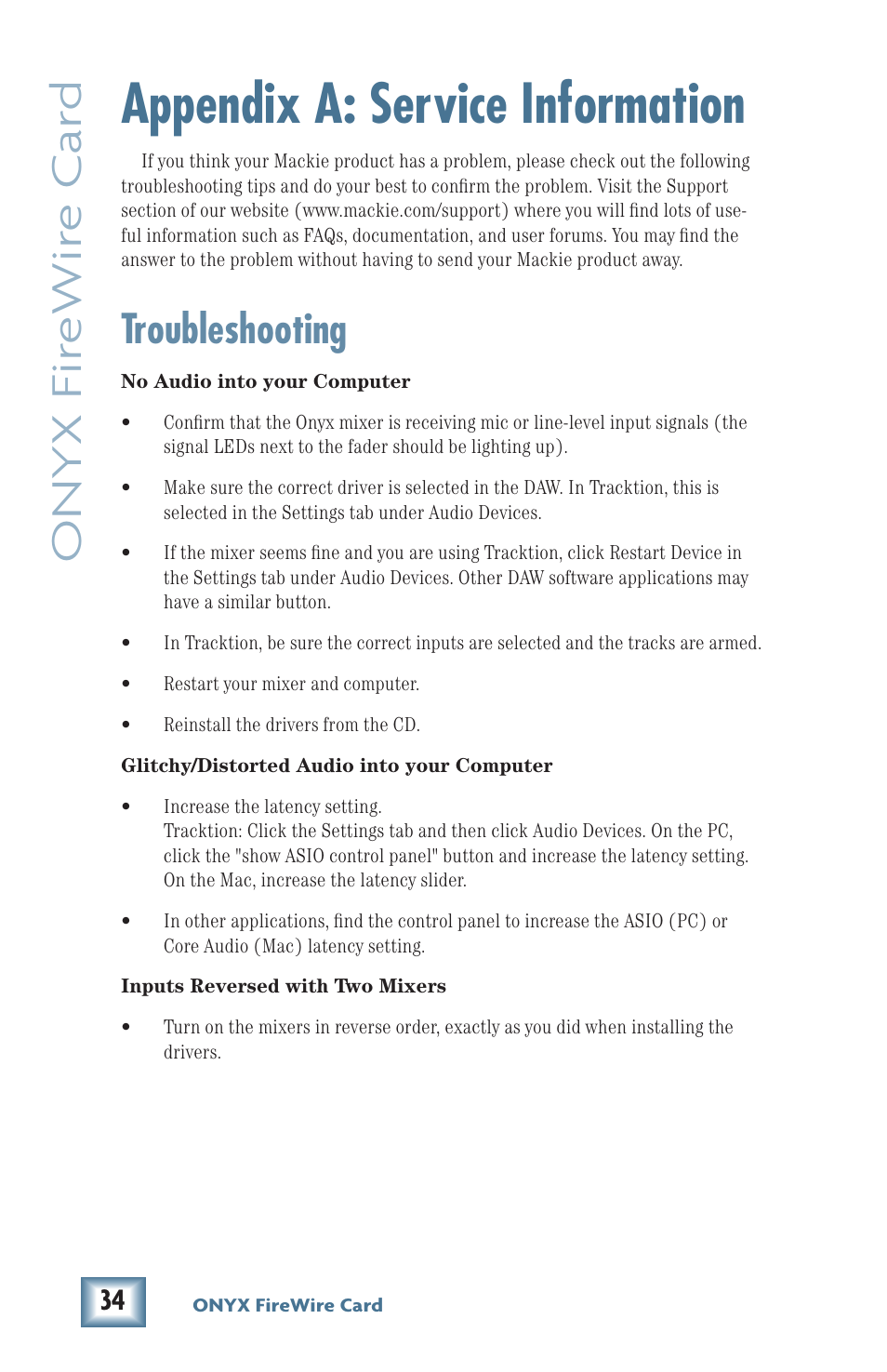 Appendix a: service information, Onyx fir ewir e car d, Troubleshooting | MACKIE Firewire OPtion Card fot Onyx Mixer User Manual | Page 34 / 40