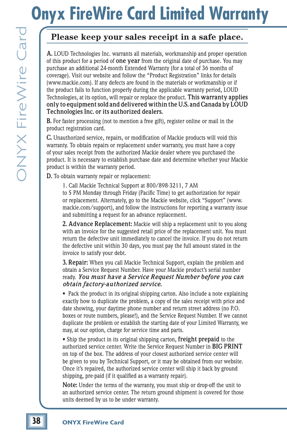Onyx firewire card limited warranty, Onyx fir ewir e car d, Please keep your sales receipt in a safe place | MACKIE Firewire OPtion Card fot Onyx Mixer User Manual | Page 38 / 40