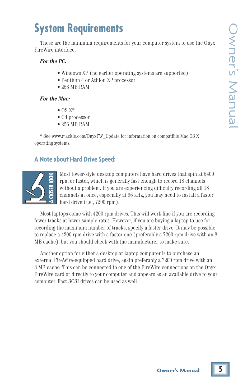 Owner’ s manual, System requirements | MACKIE Firewire OPtion Card fot Onyx Mixer User Manual | Page 5 / 40