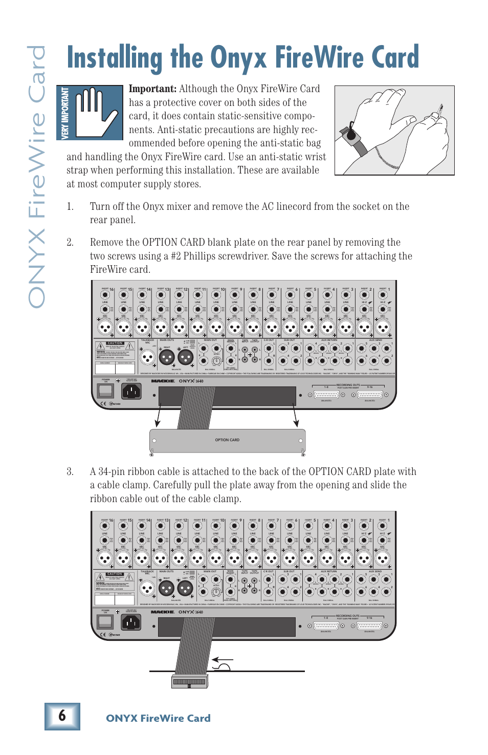 Installing the onyx firewire card, Onyx fir ewir e car d, Onyx firewire card | MACKIE Firewire OPtion Card fot Onyx Mixer User Manual | Page 6 / 40