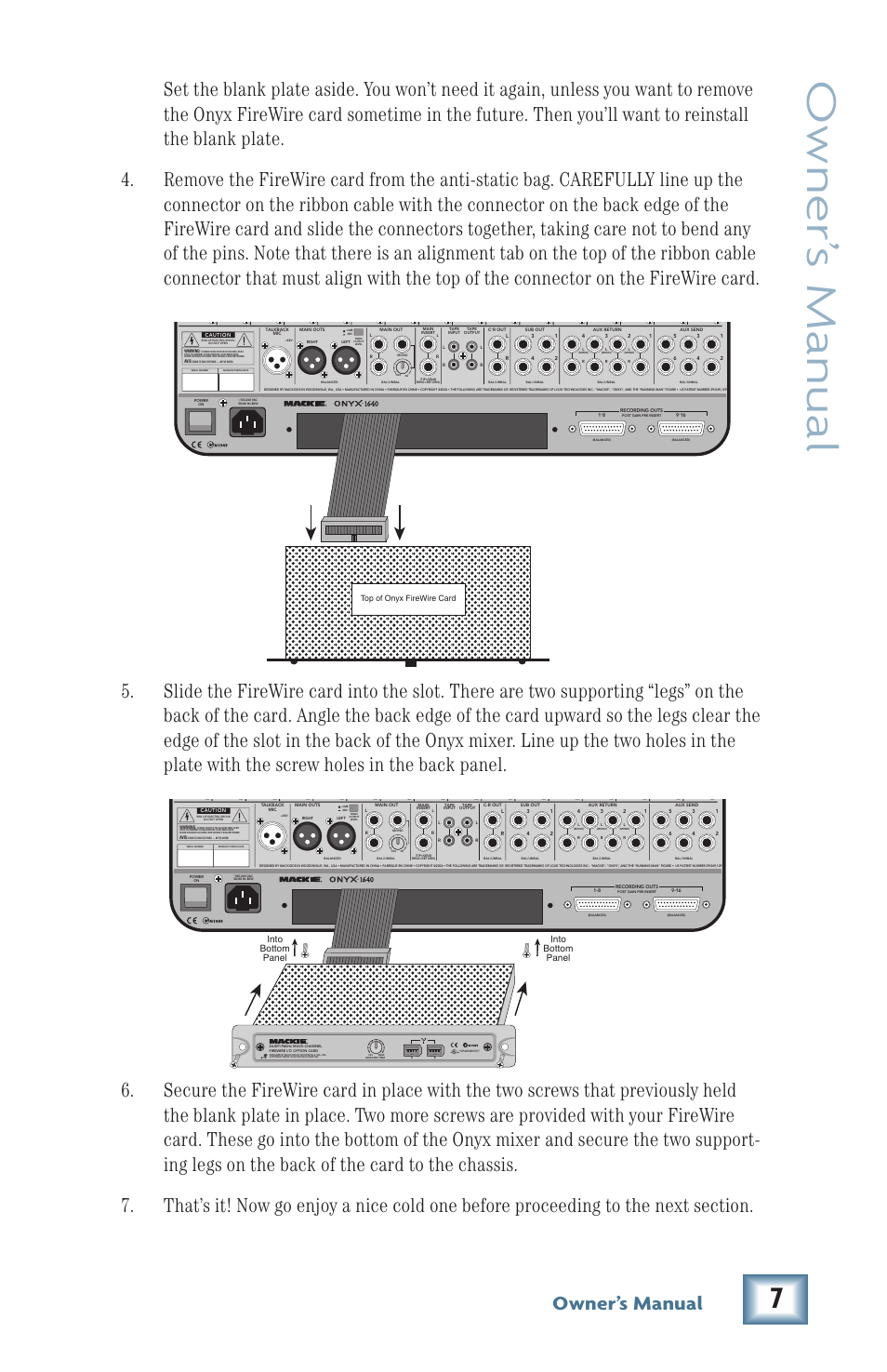 Owner’ s manual, Owner’s manual, Listed accessory for use with onyx mixers 65hj | Into bottom panel into bottom panel, Top of onyx firewire card | MACKIE Firewire OPtion Card fot Onyx Mixer User Manual | Page 7 / 40