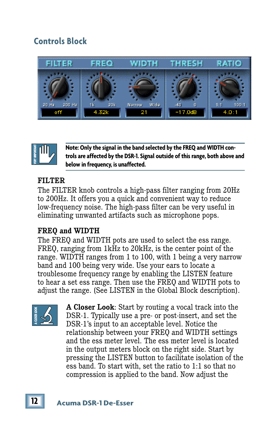 Controls block, I/o levels | MACKIE De-Esser User Manual | Page 12 / 20