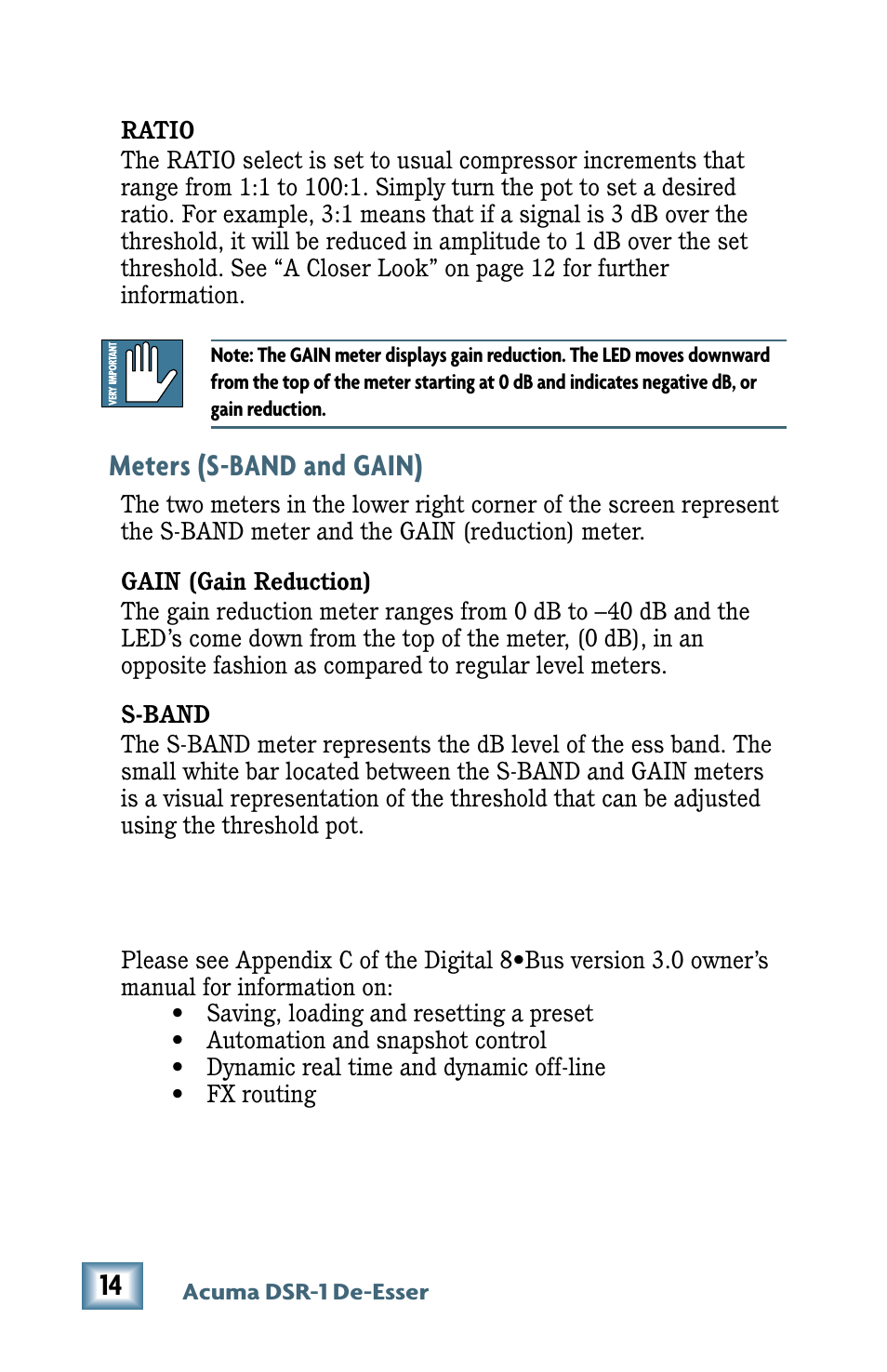 Meters (s-band and gain) | MACKIE De-Esser User Manual | Page 14 / 20