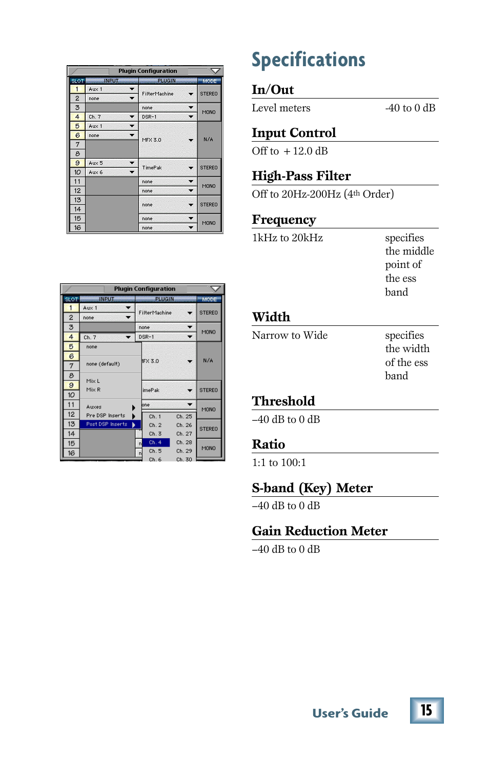 Specifications, Meters (s-band and gain) | MACKIE De-Esser User Manual | Page 15 / 20