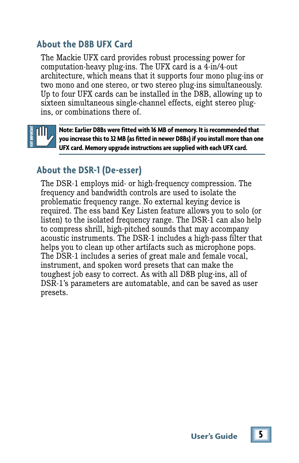 About the d8b ufx card, About the dsr-1 (de-esser), 5about the d8b ufx card | MACKIE De-Esser User Manual | Page 5 / 20
