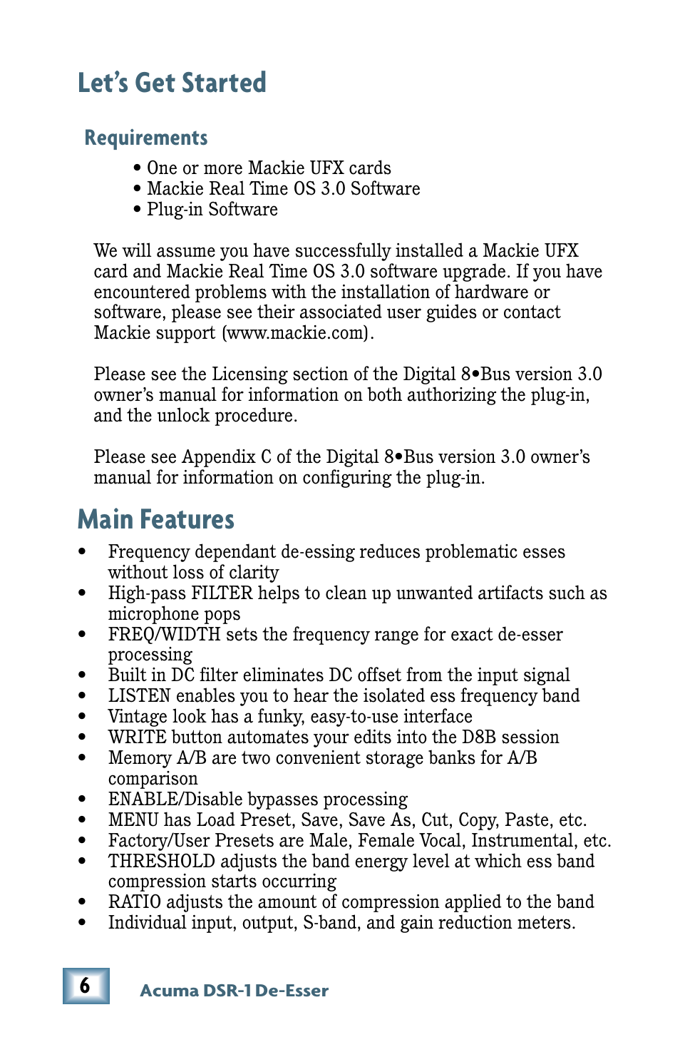 Let’s get started, Requirements, Main features | Let’s get started main features | MACKIE De-Esser User Manual | Page 6 / 20