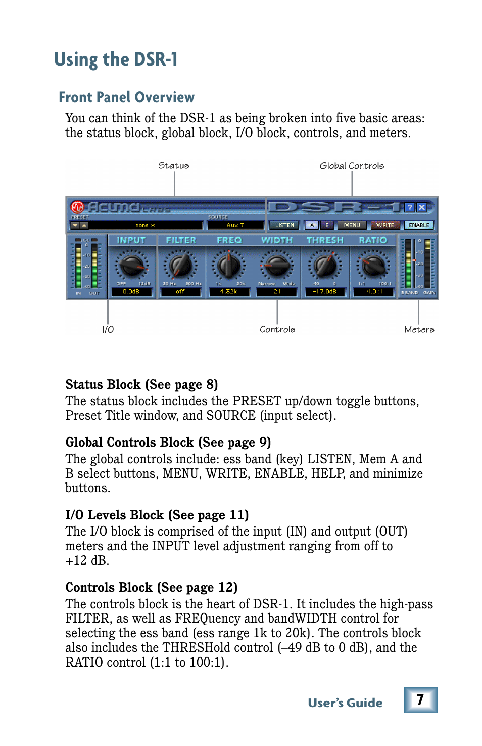 Using the dsr-1, Front panel overview | MACKIE De-Esser User Manual | Page 7 / 20