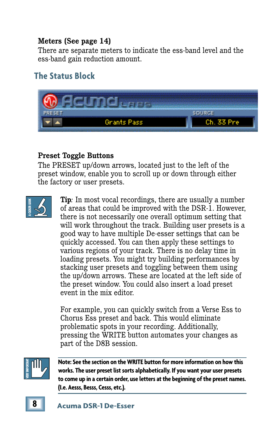 The status block | MACKIE De-Esser User Manual | Page 8 / 20