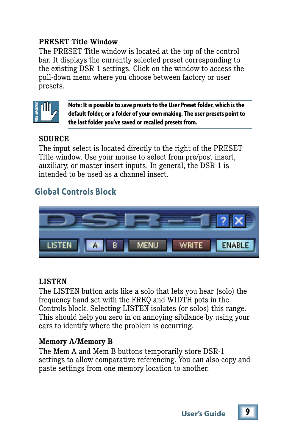 Global controls block | MACKIE De-Esser User Manual | Page 9 / 20