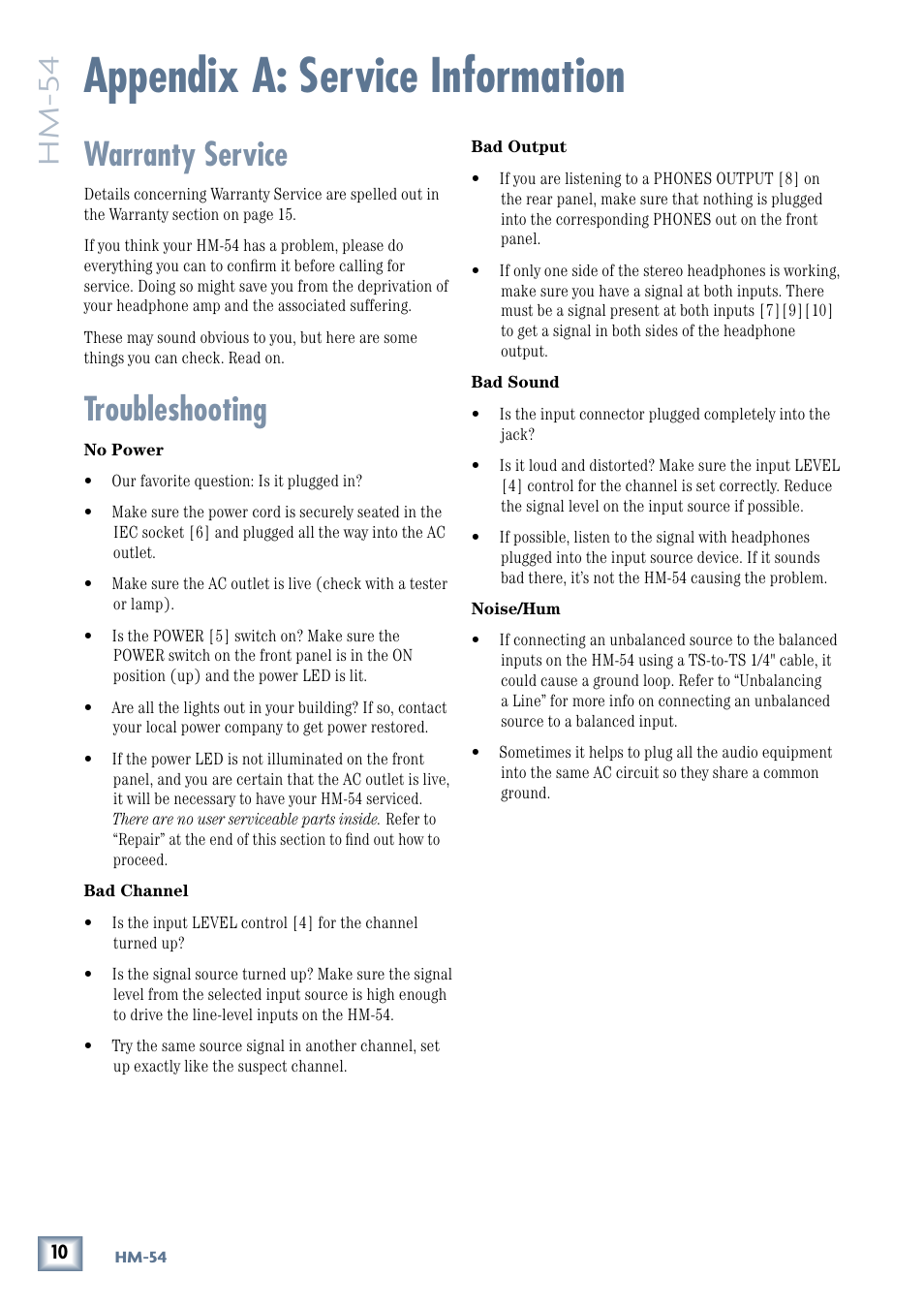 Appendix a: service information, Warranty service, Troubleshooting | Hm-54 | MACKIE HM-54 User Manual | Page 10 / 16