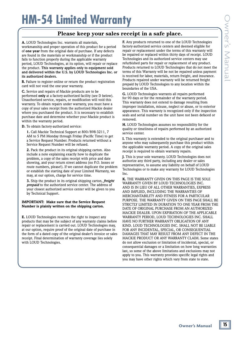 Hm-54 limited warranty, Owner’ s manual, Please keep your sales receipt in a safe place | MACKIE HM-54 User Manual | Page 15 / 16