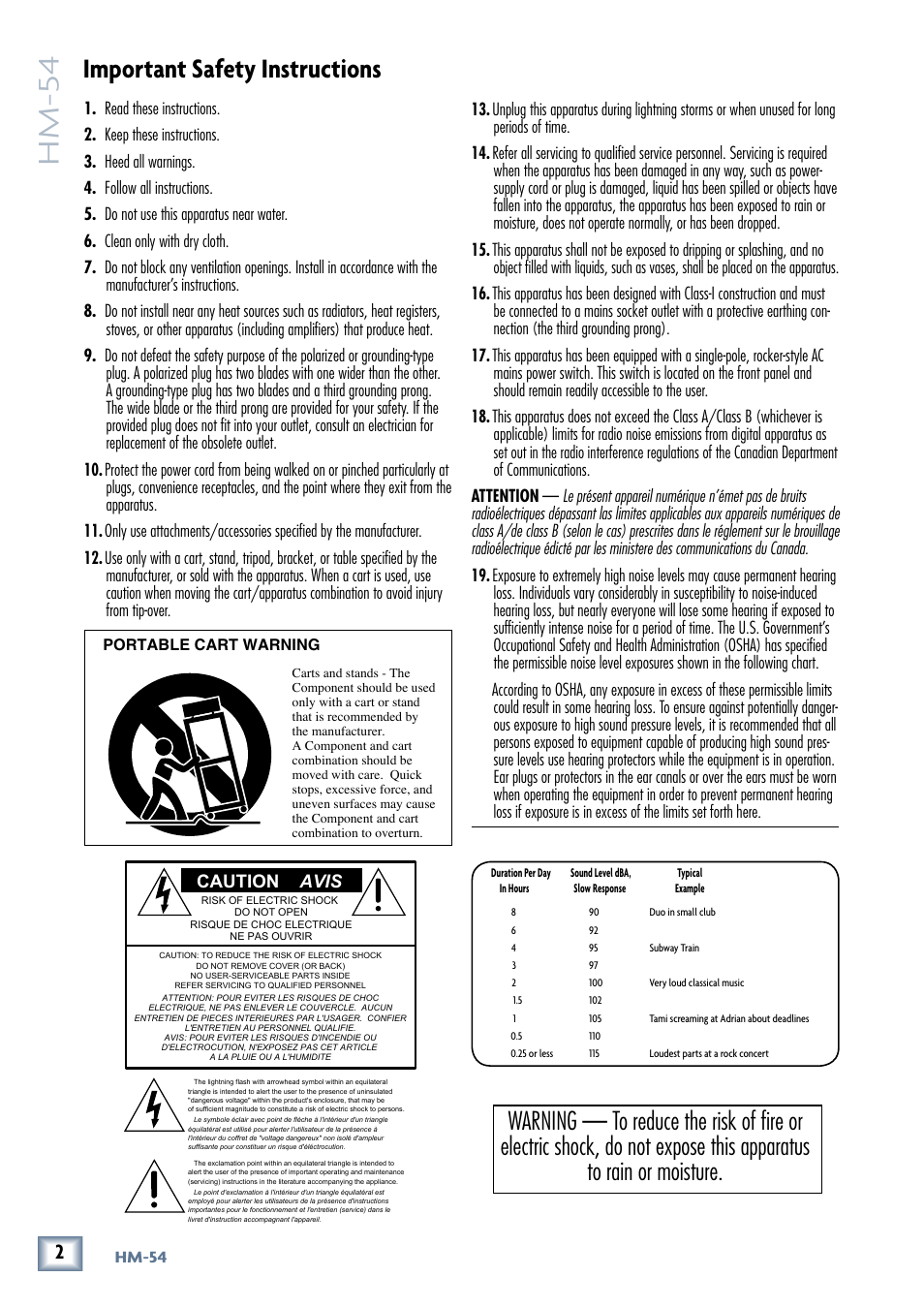 Important safety instructions, Hm-54, Caution avis | MACKIE HM-54 User Manual | Page 2 / 16