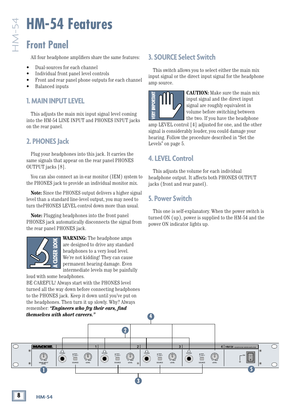 Hm-54 features, Front panel, Main input level | Phones jack, Source select switch, Level control, Power switch, Hm-54 | MACKIE HM-54 User Manual | Page 8 / 16