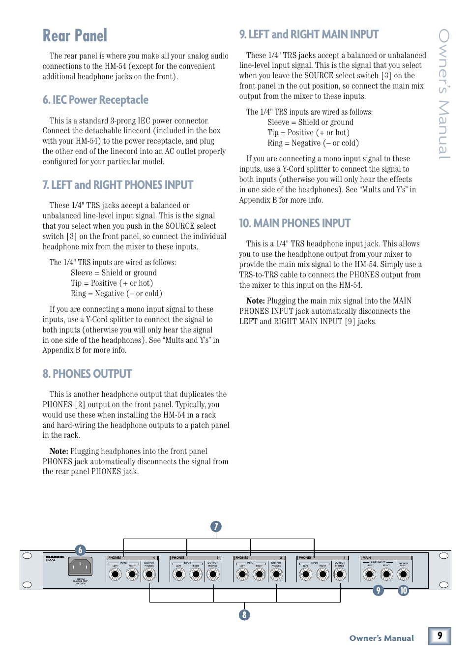 Rear panel, Iec power receptacle, Left and right phones input | Phones output, Left and right main input, Main phones input, Owner’ s manual, Owner’s manual | MACKIE HM-54 User Manual | Page 9 / 16