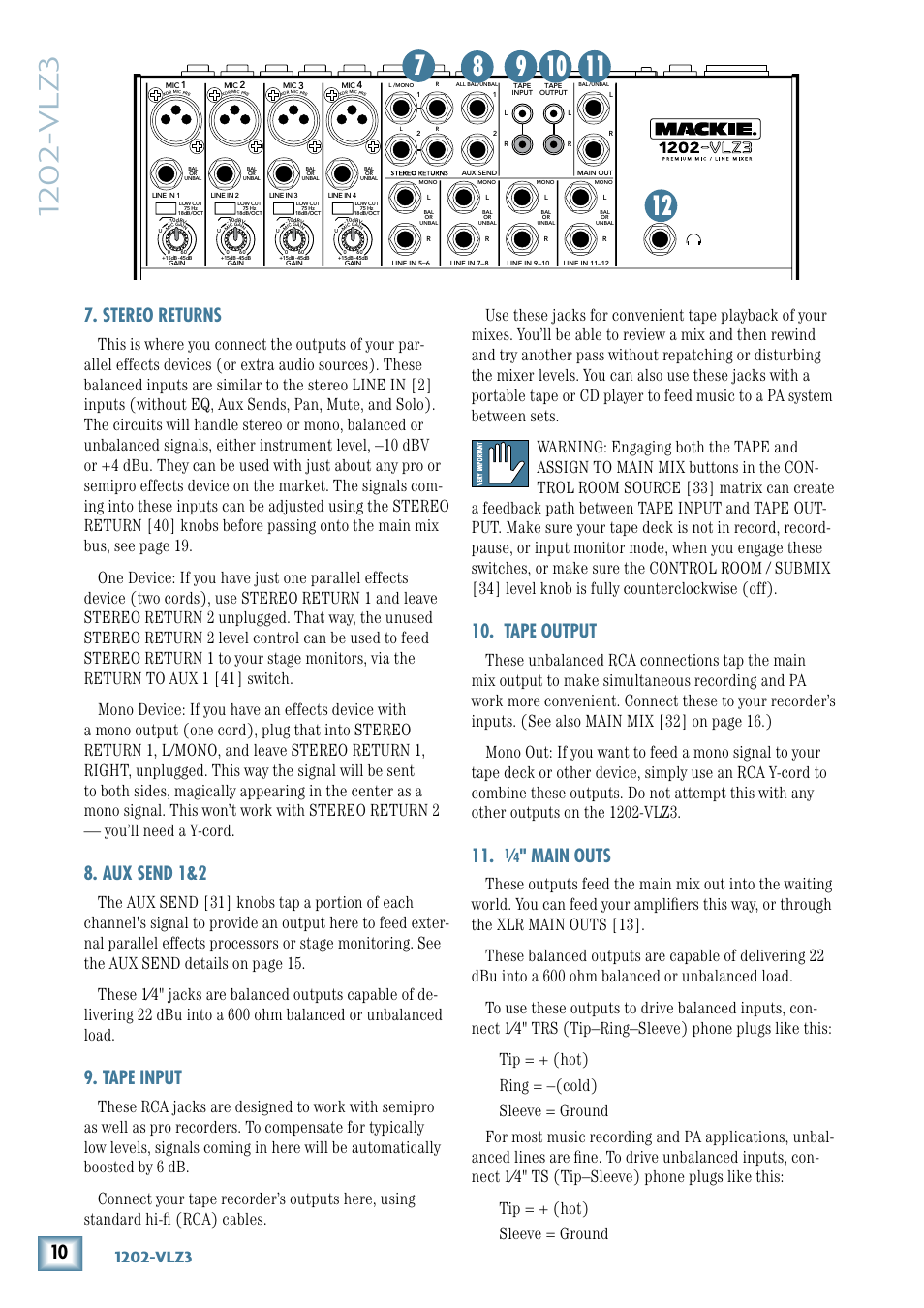 Stereo returns, Aux send 1&2, Tape input | Tape output, 1⁄4" main outs, Main outs, 10-vlz3 | MACKIE 1202-VLZ3 User Manual | Page 10 / 28
