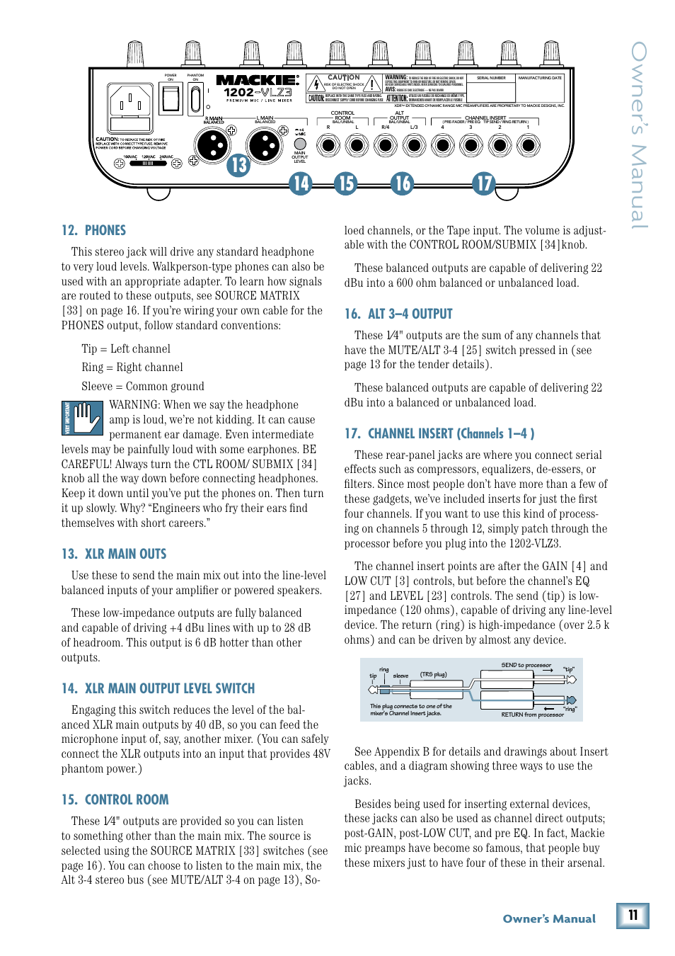 Phones, Xlr main outs, Xlr main output level switch | Control room, Alt 3–4 output, Channel insert (channels 1–4 ), Owner’ s manual, Owner’s manual | MACKIE 1202-VLZ3 User Manual | Page 11 / 28