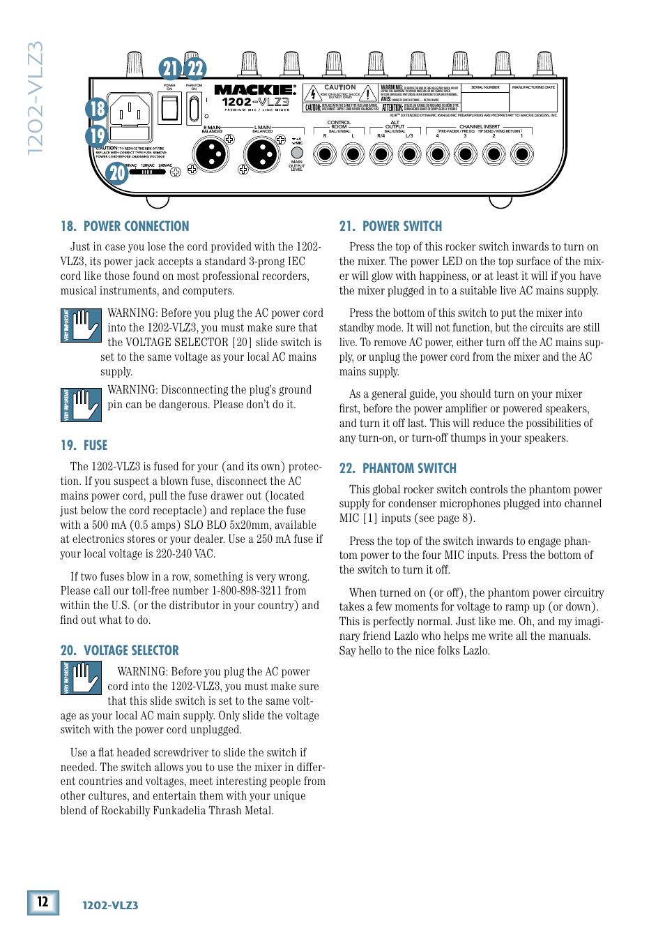 Power connection, Fuse, Voltage selector | Power switch, Phantom switch, 10-vlz3 | MACKIE 1202-VLZ3 User Manual | Page 12 / 28