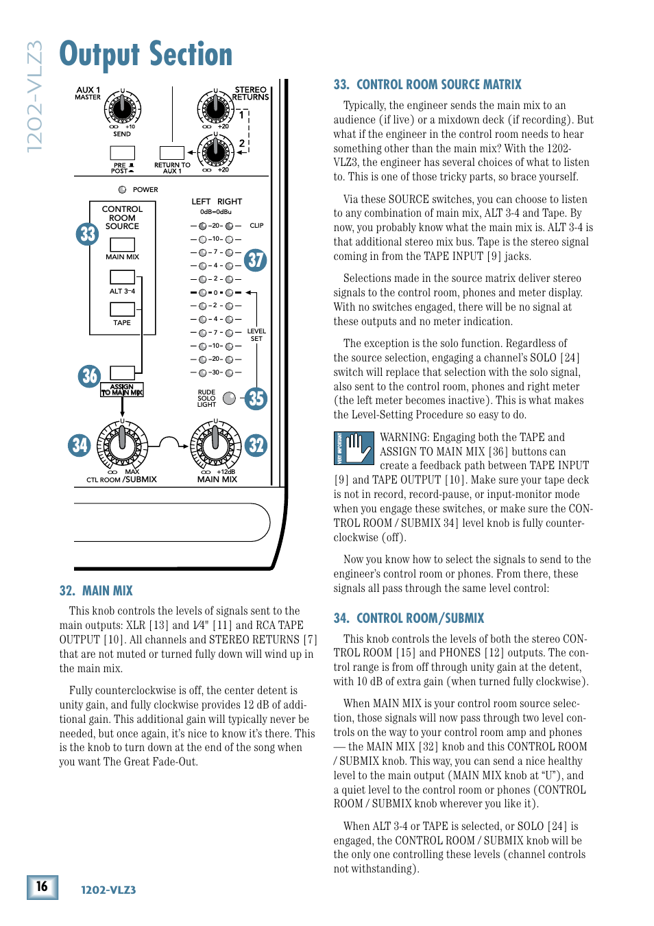 Output section, Main mix, Control room source matrix | Control room/submix, 10-vlz3, Warning, Caution, Avis | MACKIE 1202-VLZ3 User Manual | Page 16 / 28