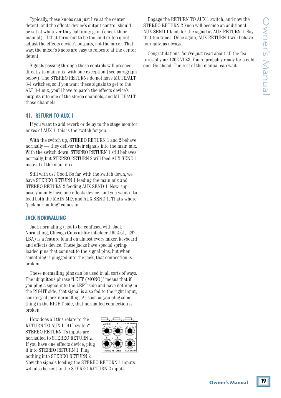Return to aux 1, Jack normalling, Owner’ s manual | Owner’s manual | MACKIE 1202-VLZ3 User Manual | Page 19 / 28