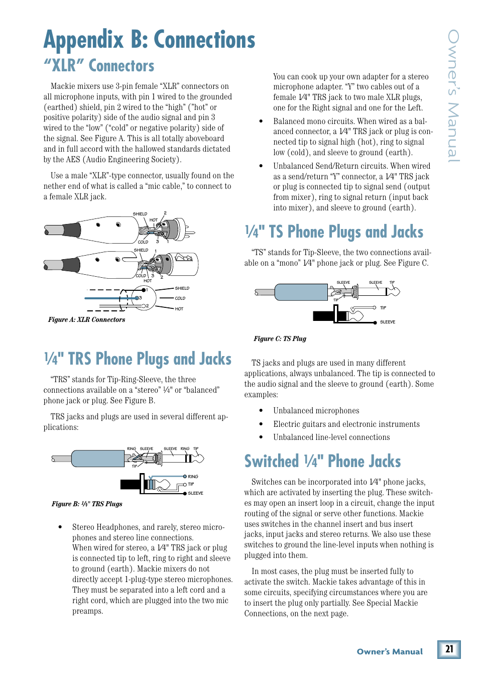Appendix b: connections, Xlr” connectors, Trs phone plugs and jacks | Ts phone plugs and jacks, Switched, Phone jacks, Owner’ s manual | MACKIE 1202-VLZ3 User Manual | Page 21 / 28
