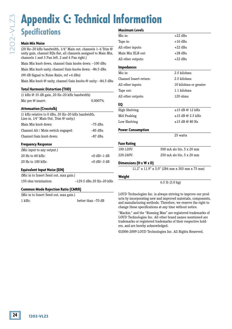 Appendix c: technical information, Specifications, Appendix c: technical information specifications | MACKIE 1202-VLZ3 User Manual | Page 24 / 28