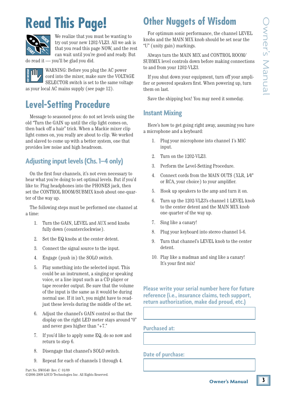Read this page, Other nuggets of wisdom, Level-setting procedure | Owner’ s manual, Instant mixing, Adjusting input levels (chs. 1–4 only) | MACKIE 1202-VLZ3 User Manual | Page 3 / 28