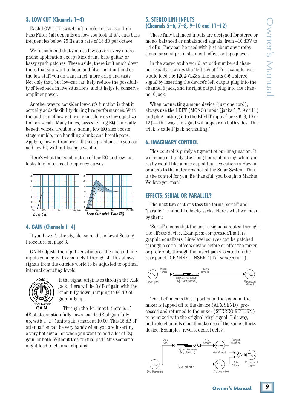 Low cut (channels 1–4), Gain (channels 1–4), Imaginary control | Effects: serial or parallel, Owner’ s manual, Caution, Warning, Avis, Owner’s manual | MACKIE 1202-VLZ3 User Manual | Page 9 / 28